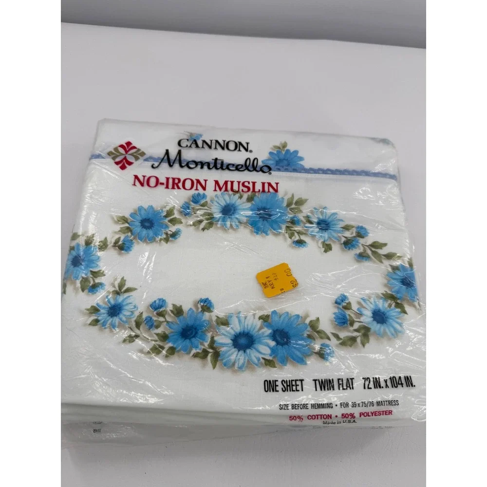 Cannon Flat Sheet Twin White Blue Floral Monticello No-Iron Muslin Vintage USA